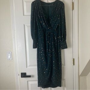 Maggy London Dress Size 6 Green Dot Long Sleeves Faux Wrap